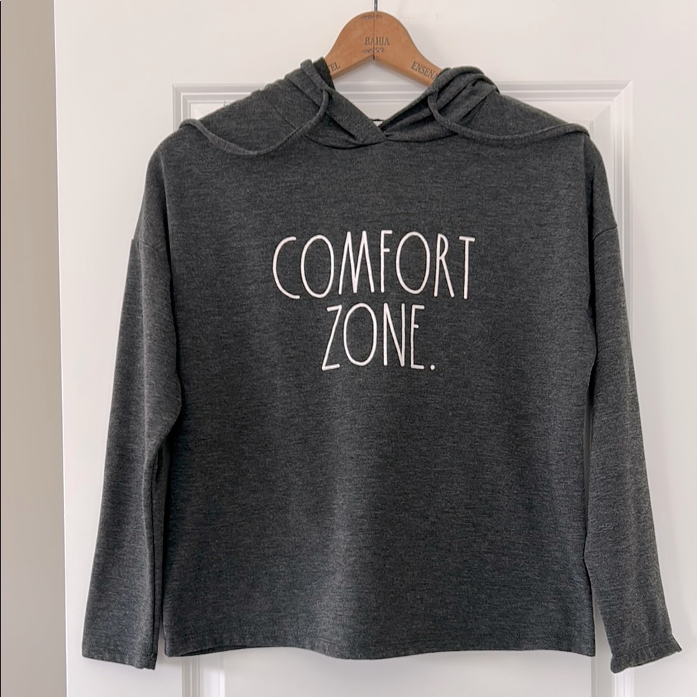 Rae Dunn "Comfort Zone" Graphic Super Soft Stretchy Hoodie Sweatshirt Top Grey S